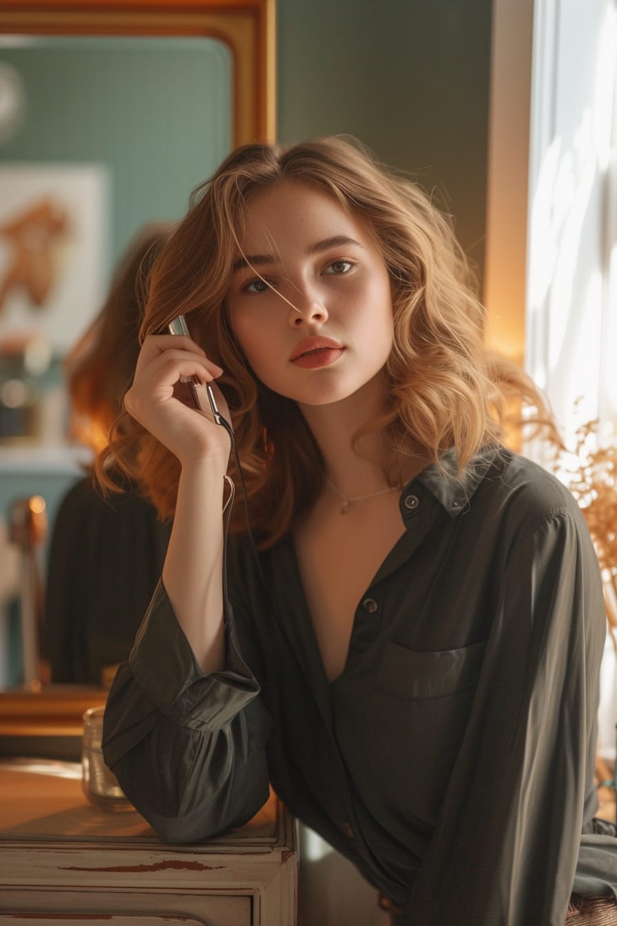 A young woman with fine hair using a small barrel curling iron in front of a vanity mirror, soft indoor lighting.