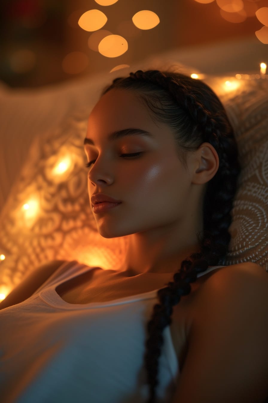  A young woman with long, dark hair in loose braids, lying on a silk pillowcase, soft, warm bedroom lighting, night.