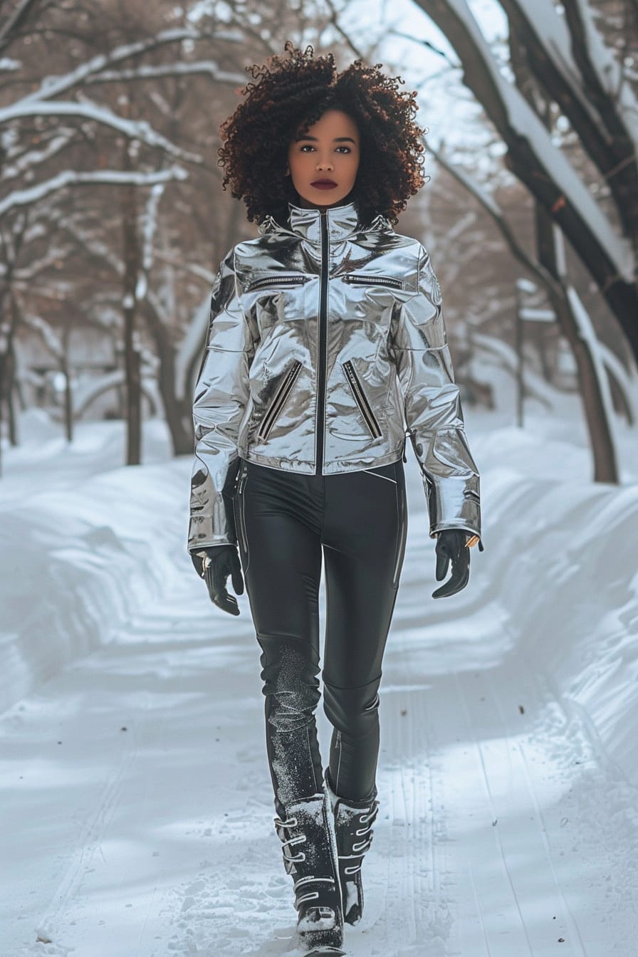 A full-length image of a young woman with dark curly hair, wearing a high-end, metallic silver ski jacket, black ski pants, and sleek black ski boots, walking through a snow-covered city park, morning.