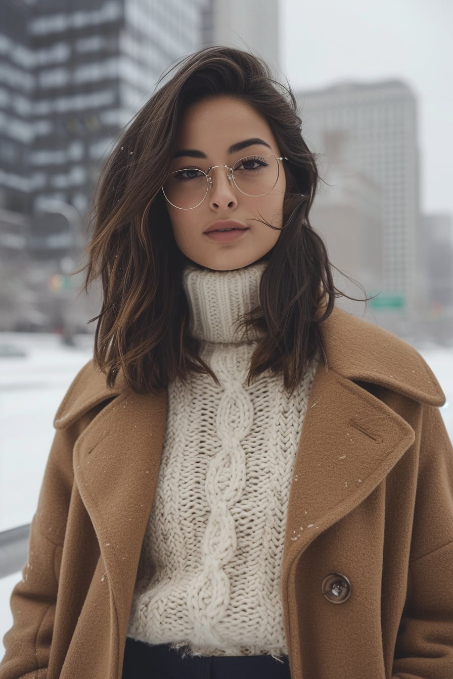 A young woman with dark hair, wearing navy wool culottes, a chunky white sweater, and a camel coat, snowy city background, midday.