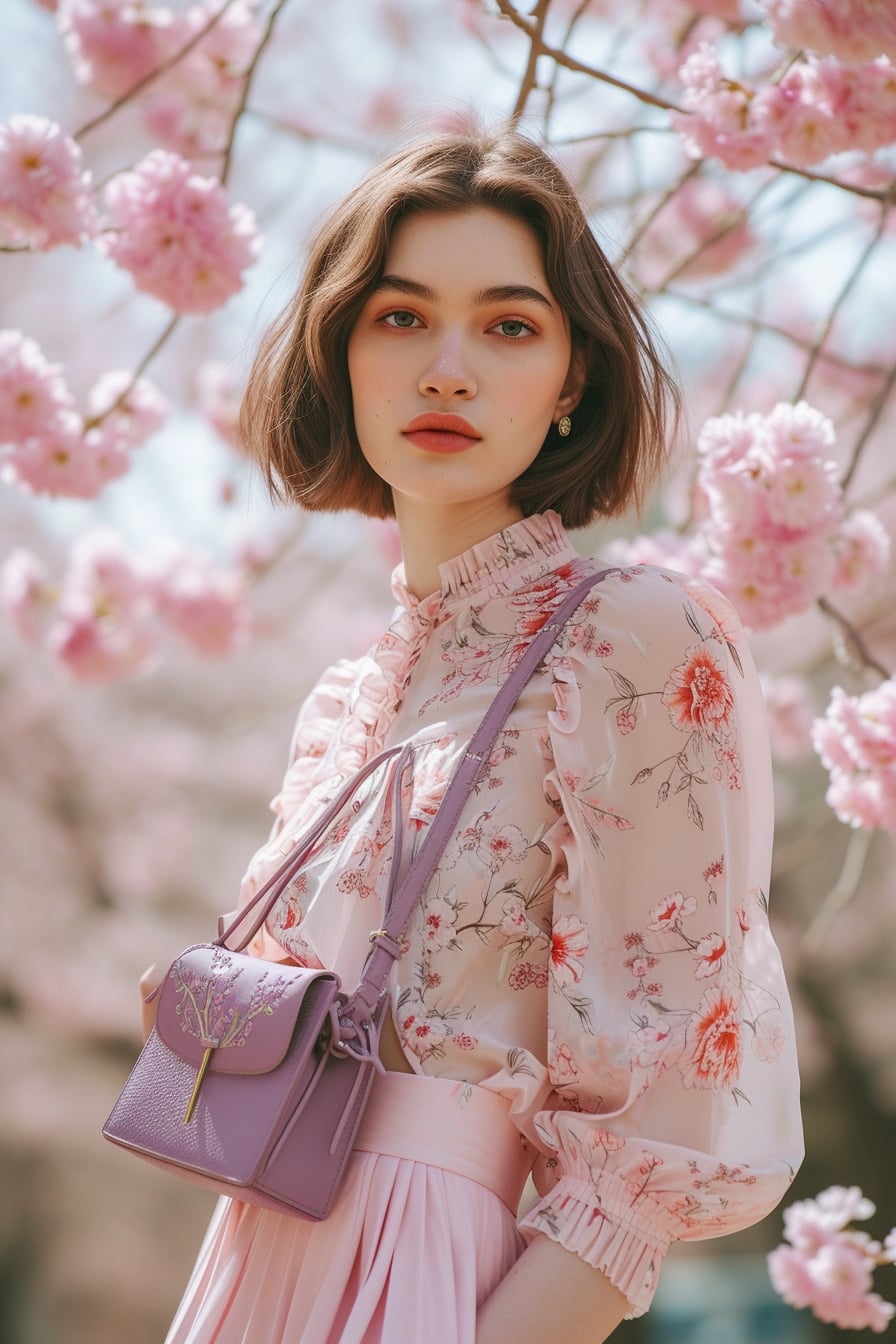  A young woman with short brown hair, wearing pastel pink culottes with a floral blouse, holding a small lavender handbag, standing near blooming cherry blossoms, late morning.