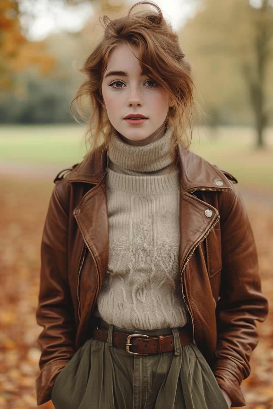 A young woman with auburn hair, wearing olive green culottes, a beige turtleneck, and a brown leather jacket, standing in a park with autumn leaves, early evening.