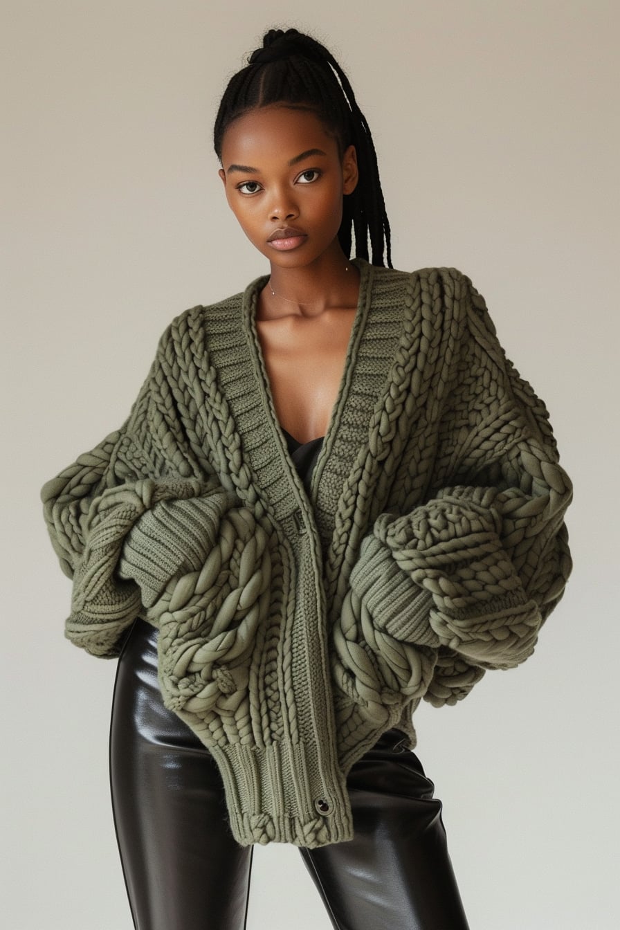 A woman with a sleek ponytail, wearing a chunky knit cardigan in olive green, paired with black leather leggings, standing against a neutral background, soft natural lighting.