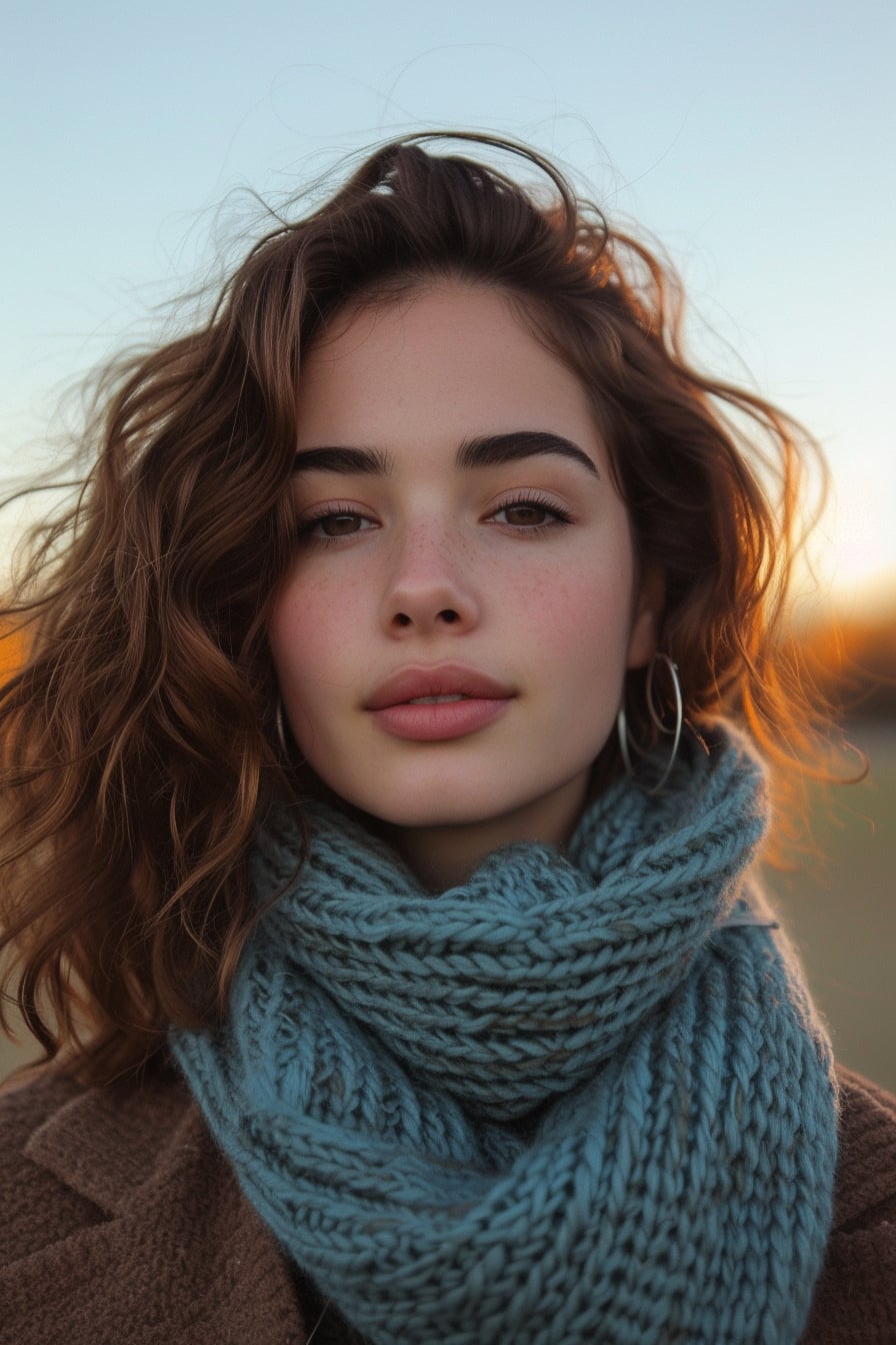 A close-up image of a young woman with wavy hair, wearing a chunky knit scarf in shades of blue and grey, accessorized with silver hoop earrings, outdoor setting, evening light.
