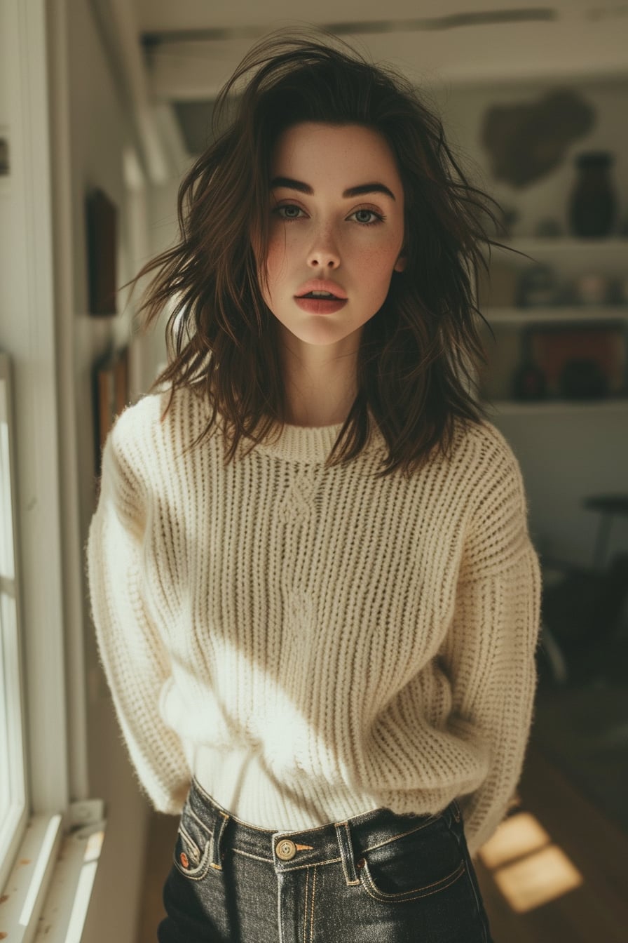  A full-length image of a young woman with soft brown hair, wearing a cream chunky knit sweater tucked into high-waisted dark denim jeans, standing in a minimalist, well-lit room, morning light.