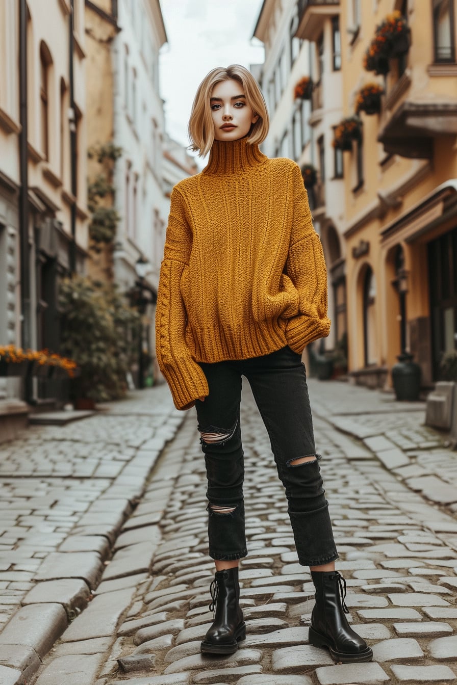 A young woman with short blonde hair, wearing a chunky knit turtleneck in mustard yellow, paired with dark ankle boots, standing on a cobblestone street, late afternoon.
