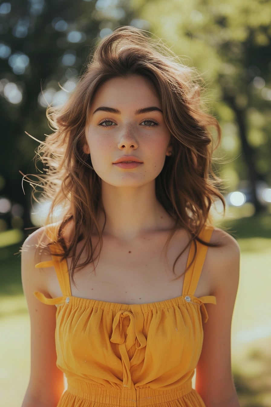 A young woman with wavy brown hair, standing confidently in a sunny park, wearing a bright yellow midi dress paired with white sneakers.