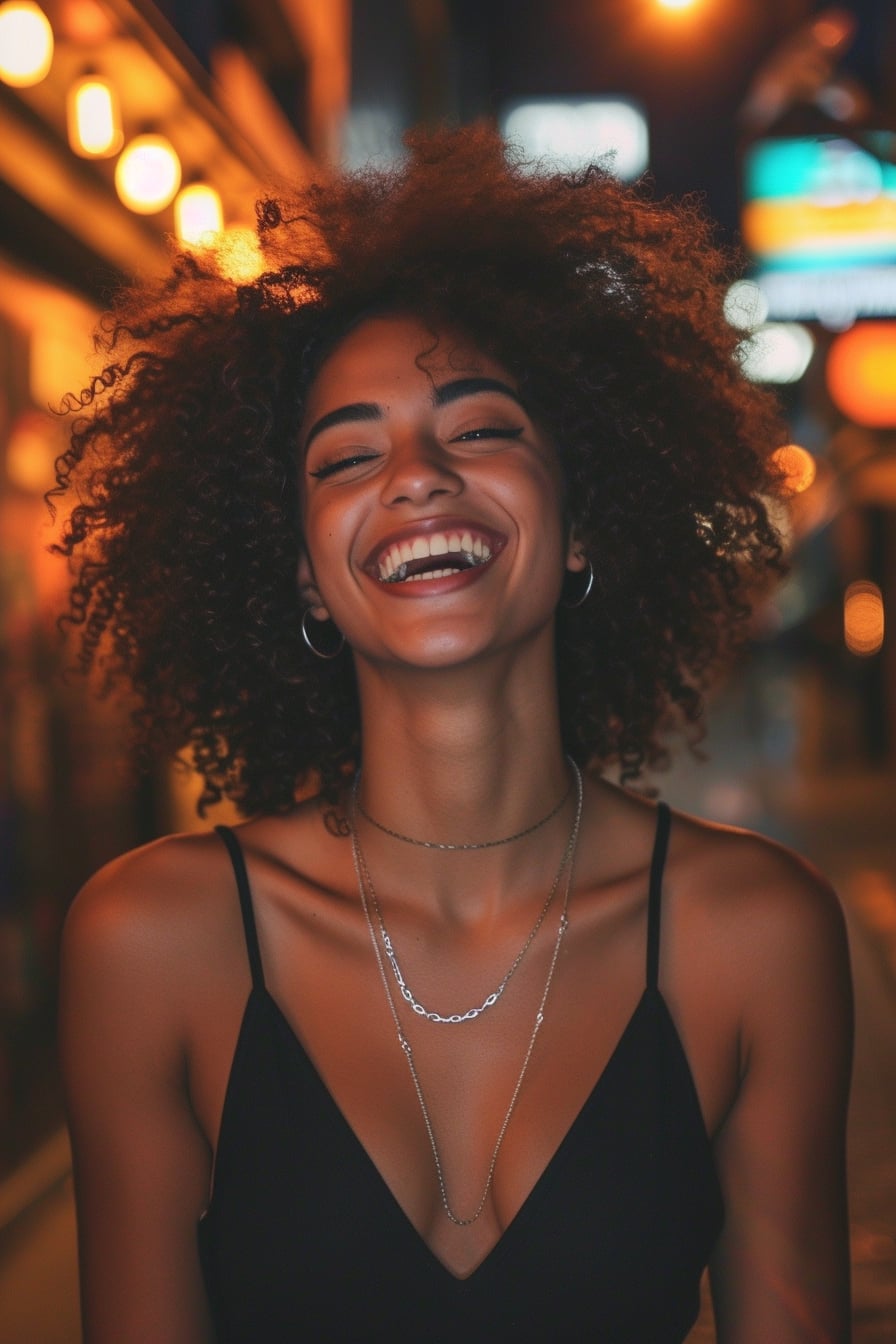 A young woman with curly hair, laughing in a dimly lit urban setting, wearing a sleek black dress paired with metallic silver sneakers.