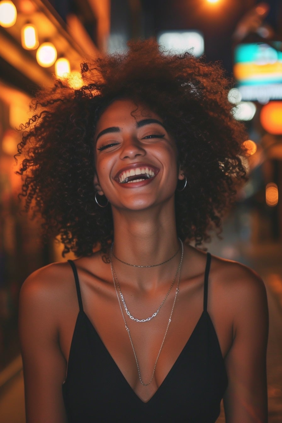  A young woman with curly hair, laughing in a dimly lit urban setting, wearing a sleek black dress paired with metallic silver sneakers.