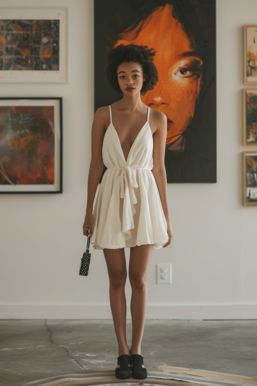  A young woman standing poised in an art gallery, wearing an elegant white dress with minimalistic black sneakers, holding a clutch. The art pieces in the background add a touch of sophistication to the scene.
