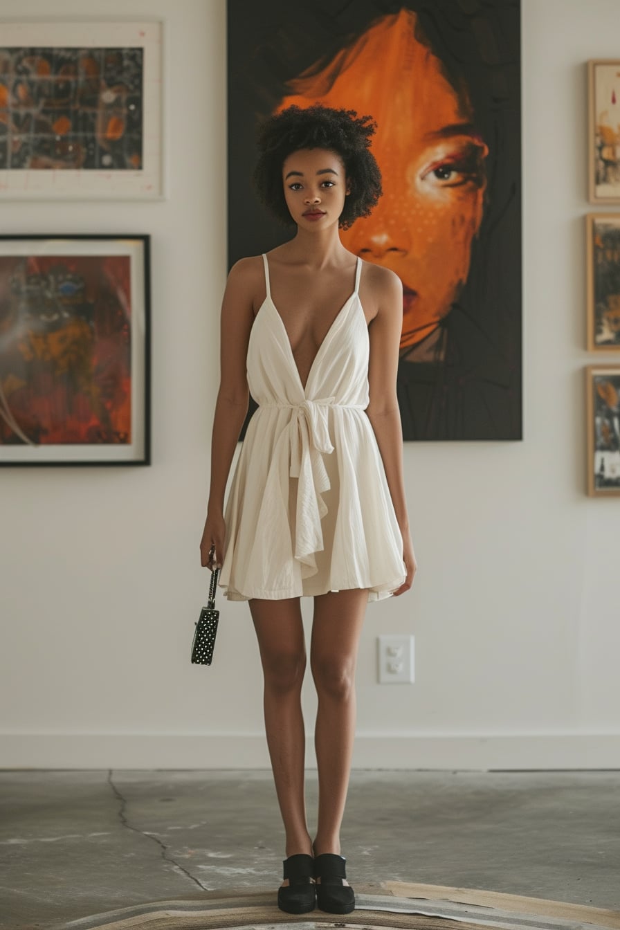 A young woman standing poised in an art gallery, wearing an elegant white dress with minimalistic black sneakers, holding a clutch. The art pieces in the background add a touch of sophistication to the scene.
