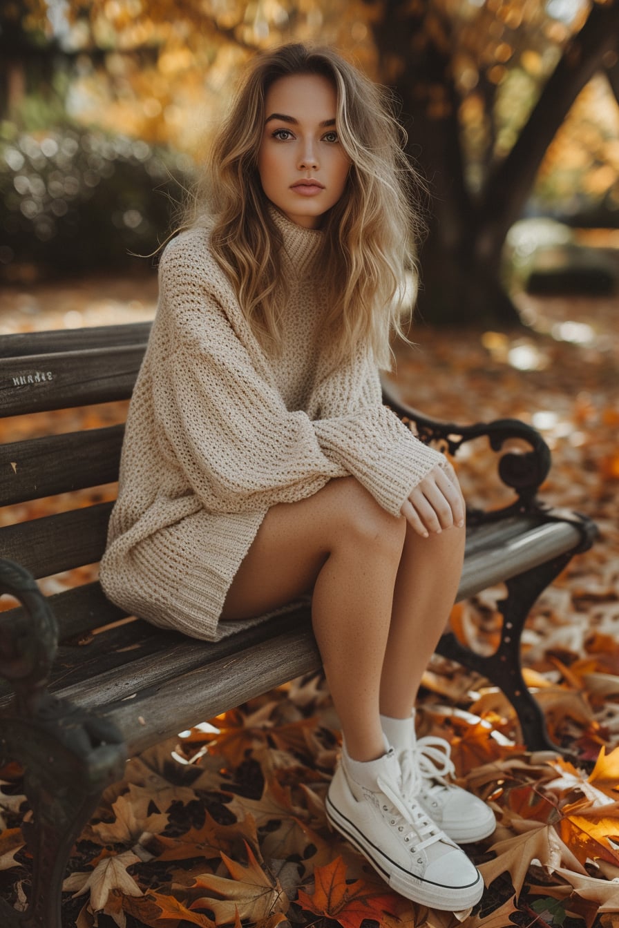 A young woman sitting on a vintage bench, surrounded by autumn leaves, wearing a cozy knit dress in earth tones with high-top sneakers. The warm afternoon light creates a serene atmosphere.