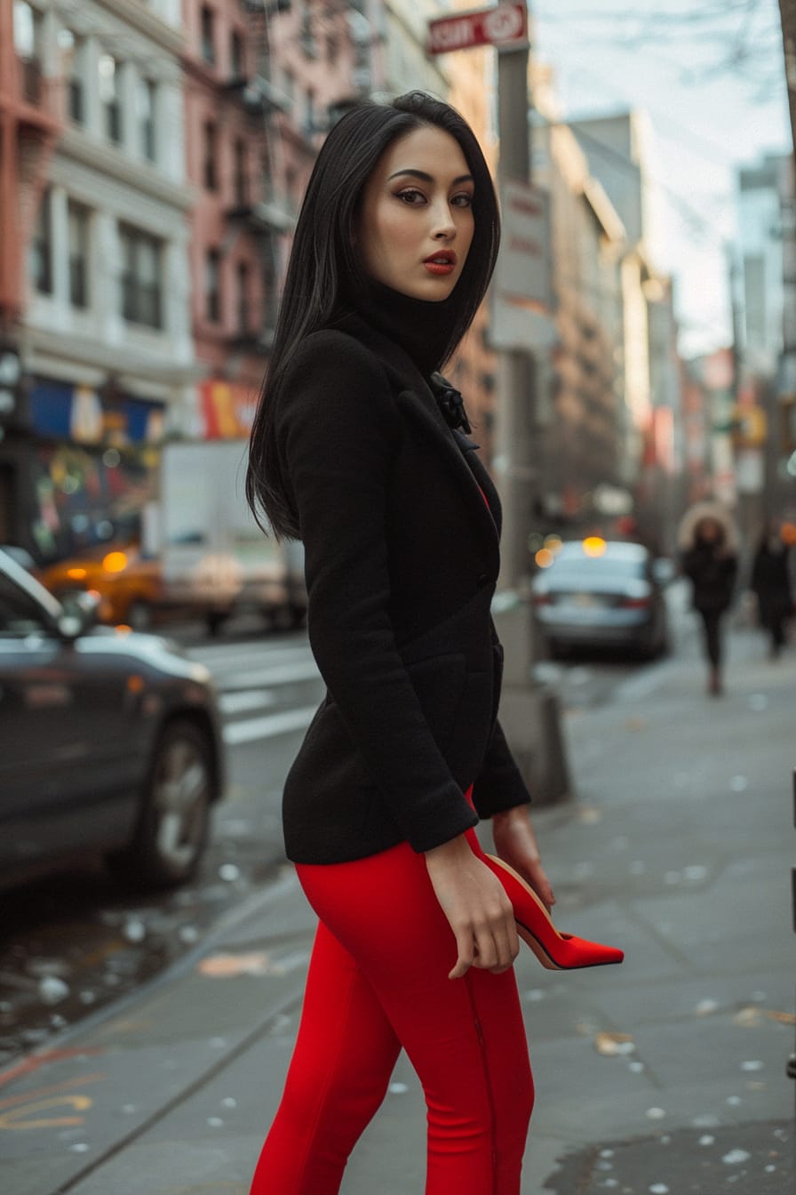 A full-length image of a young woman with sleek black hair, wearing bright red heels, standing on a city sidewalk, with a blurred street scene in the background, midday.