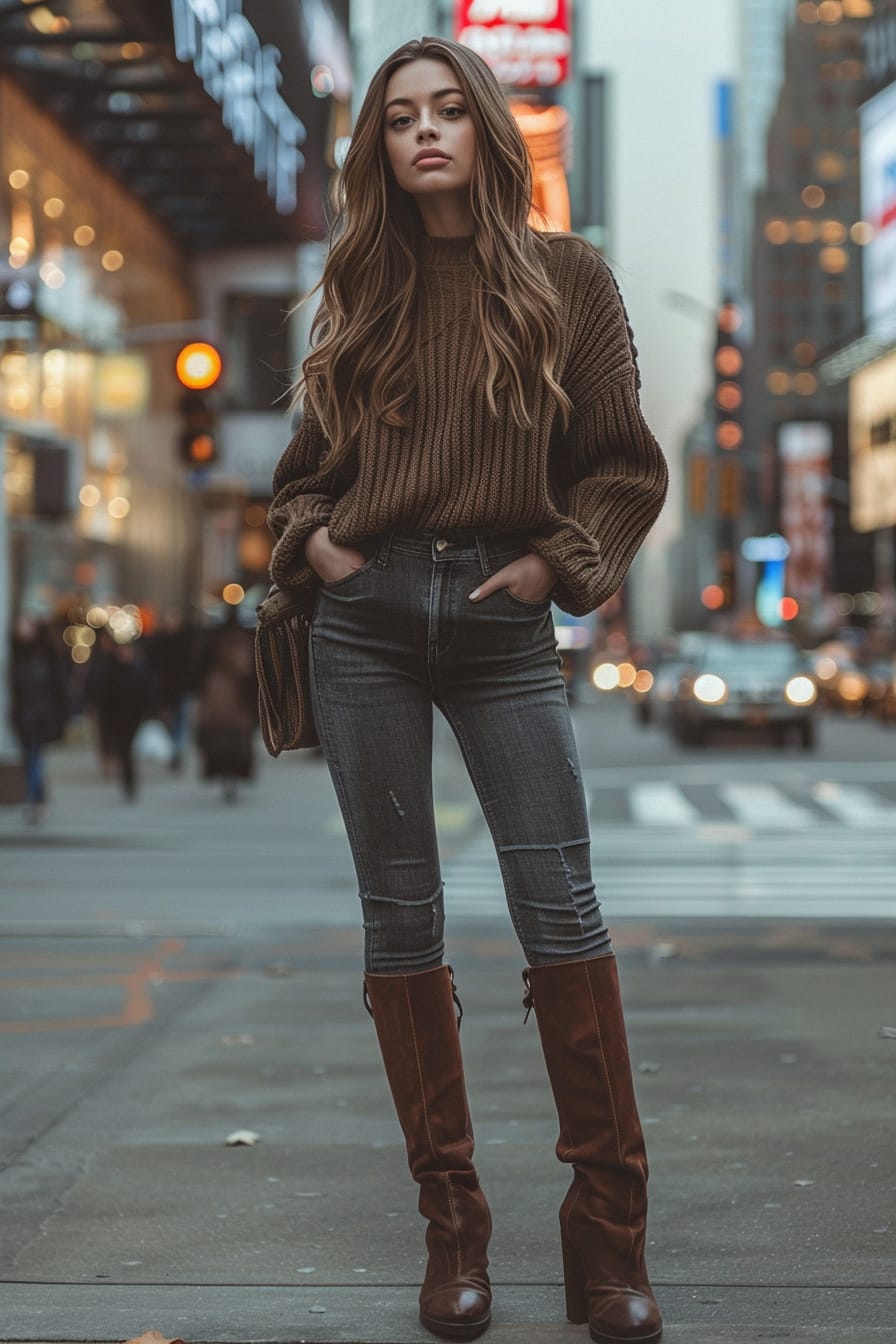 A full-length image of a young woman with long, wavy hair, wearing sleek knee-high boots in a rich chocolate brown, standing in a bustling city street, early evening.