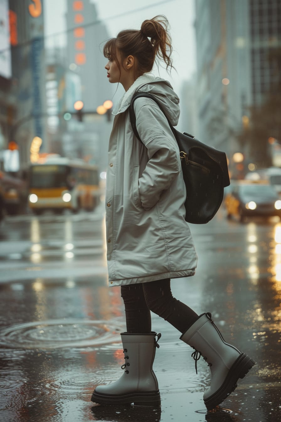 A full-length image of a young woman with light brown hair in a messy bun, wearing stylish waterproof ankle boots, walking along a wet city street after rain, early morning.
