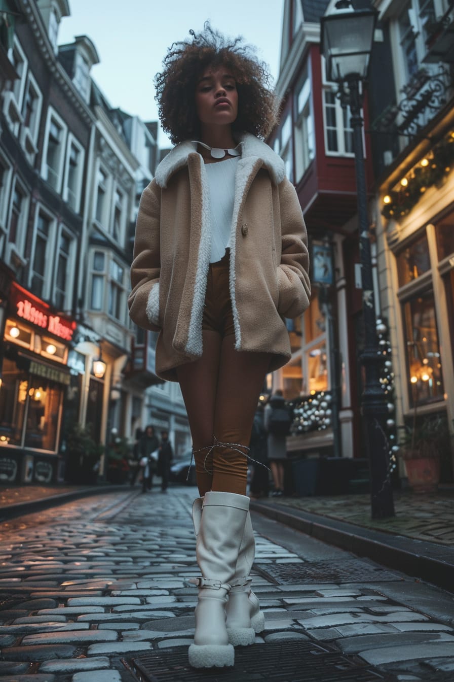 A full-length image of a young woman with short, curly hair, wearing white shearling-lined ankle boots, casually walking on a cobblestone street, surrounded by city buildings, dusk lighting.