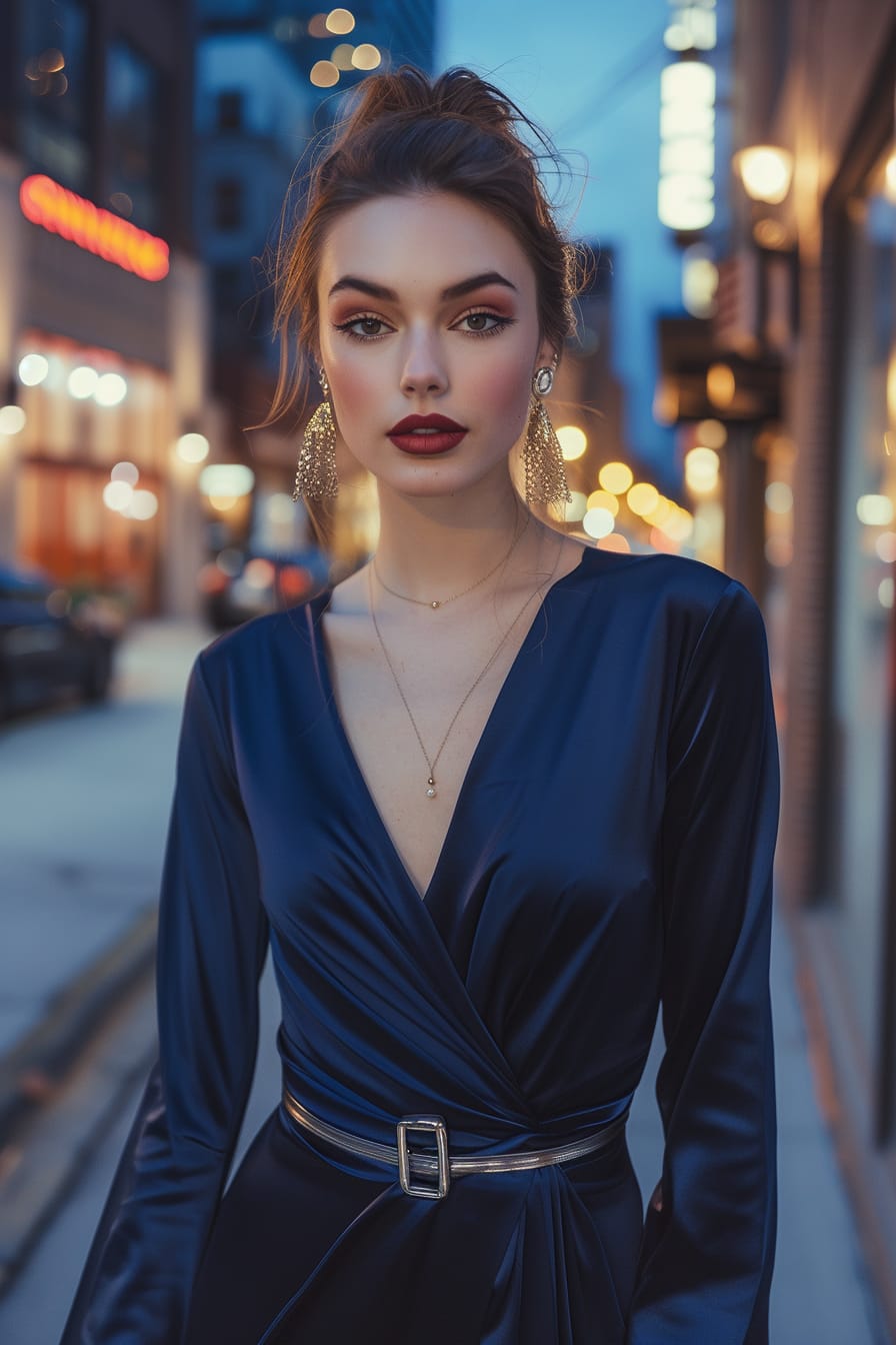 A full-length image of a young woman with her hair tied back, wearing a dark blue wrap dress, accessorized with a metallic belt, statement earrings, and holding a clutch, early evening, city street background with lights starting to illuminate.