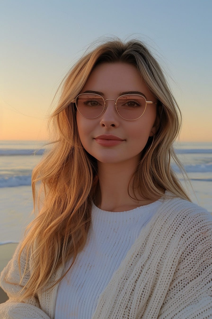  A young woman with sandy blonde hair, donning modern aviator glasses with a thick gold frame and rose-tinted lenses, set against a soft, sunset beach background, exuding a cool, retro vibe.