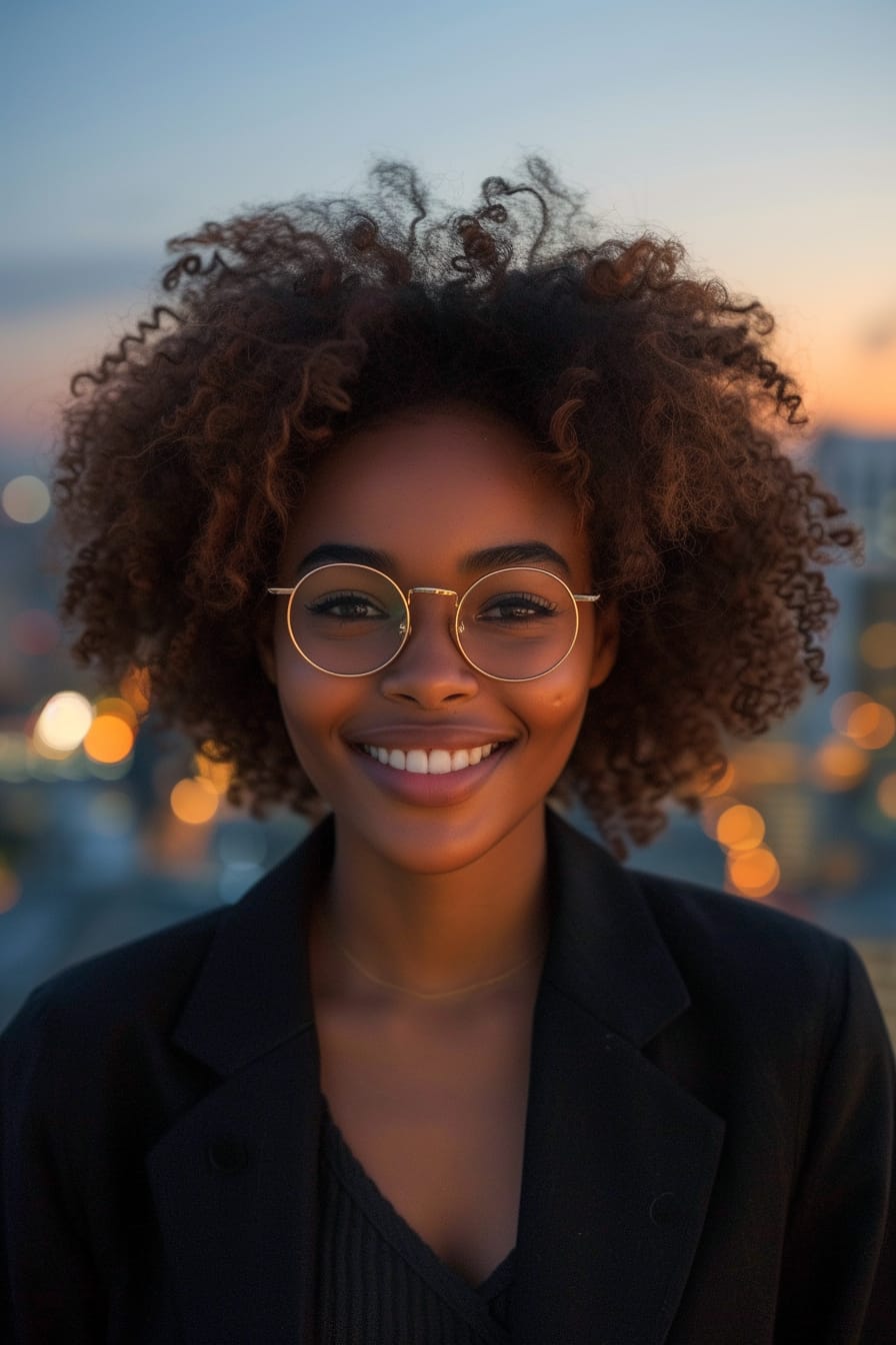  A young woman with soft, curly hair, smiling confidently while wearing geometric glasses with a metallic frame, standing against a city skyline at dusk, embodying the essence of bold and confident eyewear choices.