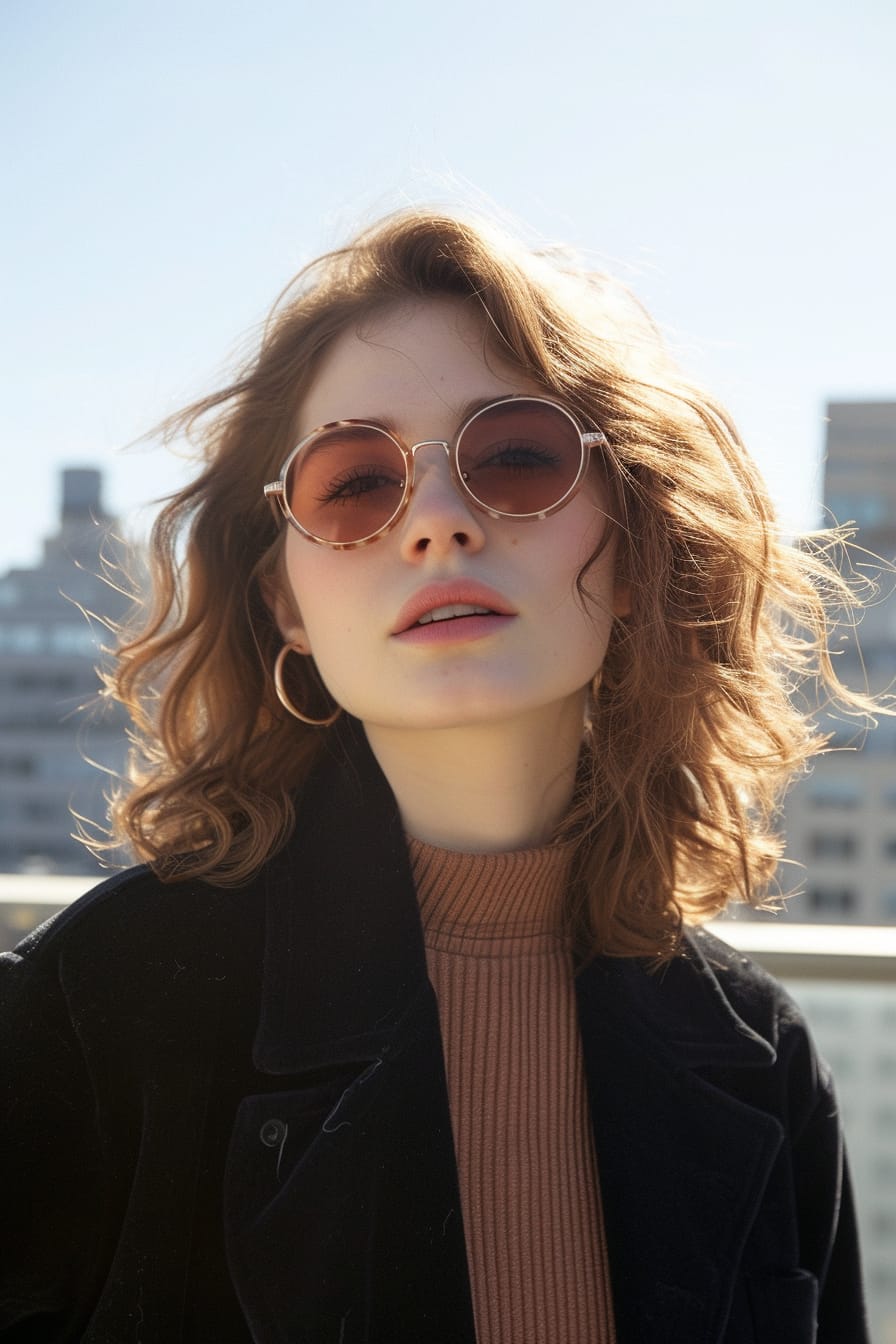  A young woman with wavy chestnut hair, wearing oversized round sunglasses with a tortoiseshell frame, standing against a bright, sunny cityscape.