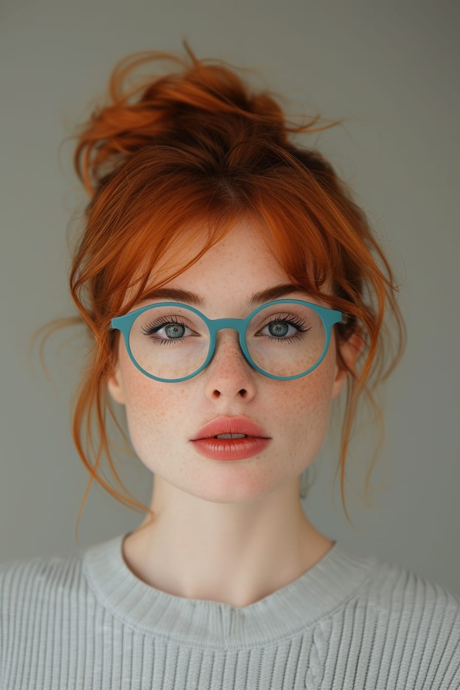  A young woman with vibrant red hair, sporting round glasses with a bright blue frame, against a simple, neutral background, making the glasses' color pop.