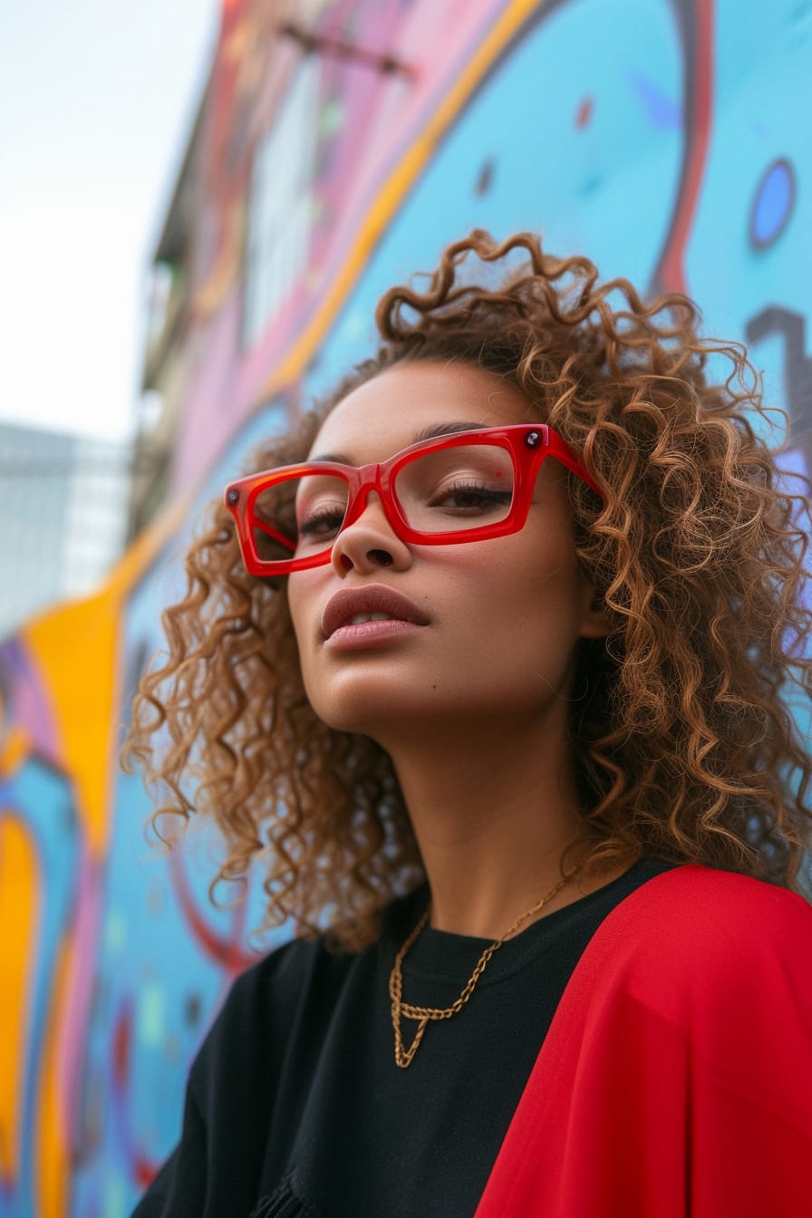  A young woman with light brown curls, wearing massive square-framed glasses with a bright red frame, against a backdrop of an artsy, colorful mural, embodying a bold and artistic aesthetic.