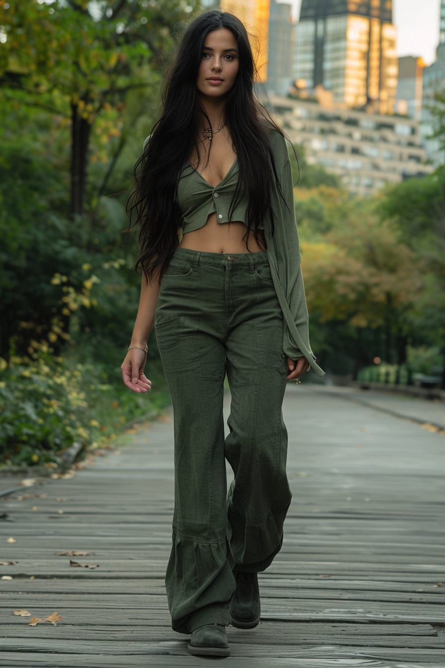  A full-length image of a young woman with long black hair, wearing cropped olive green pants with suede olive green booties. She's walking through a city park, late afternoon.