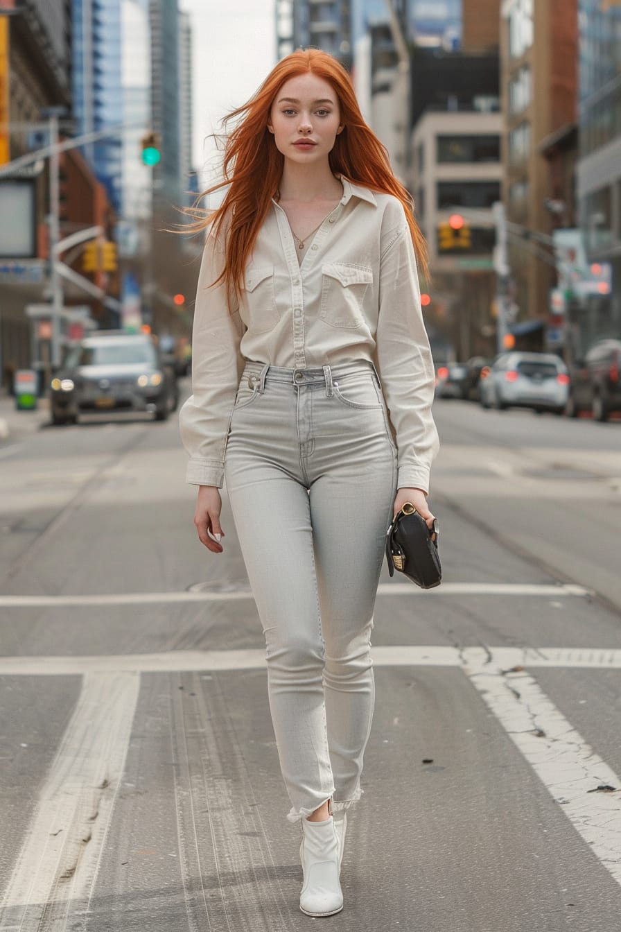  A full-length image of a young woman with straight red hair, wearing cropped light denim pants with white leather booties. She's crossing a busy intersection, late afternoon, holding a minimalist black clutch.