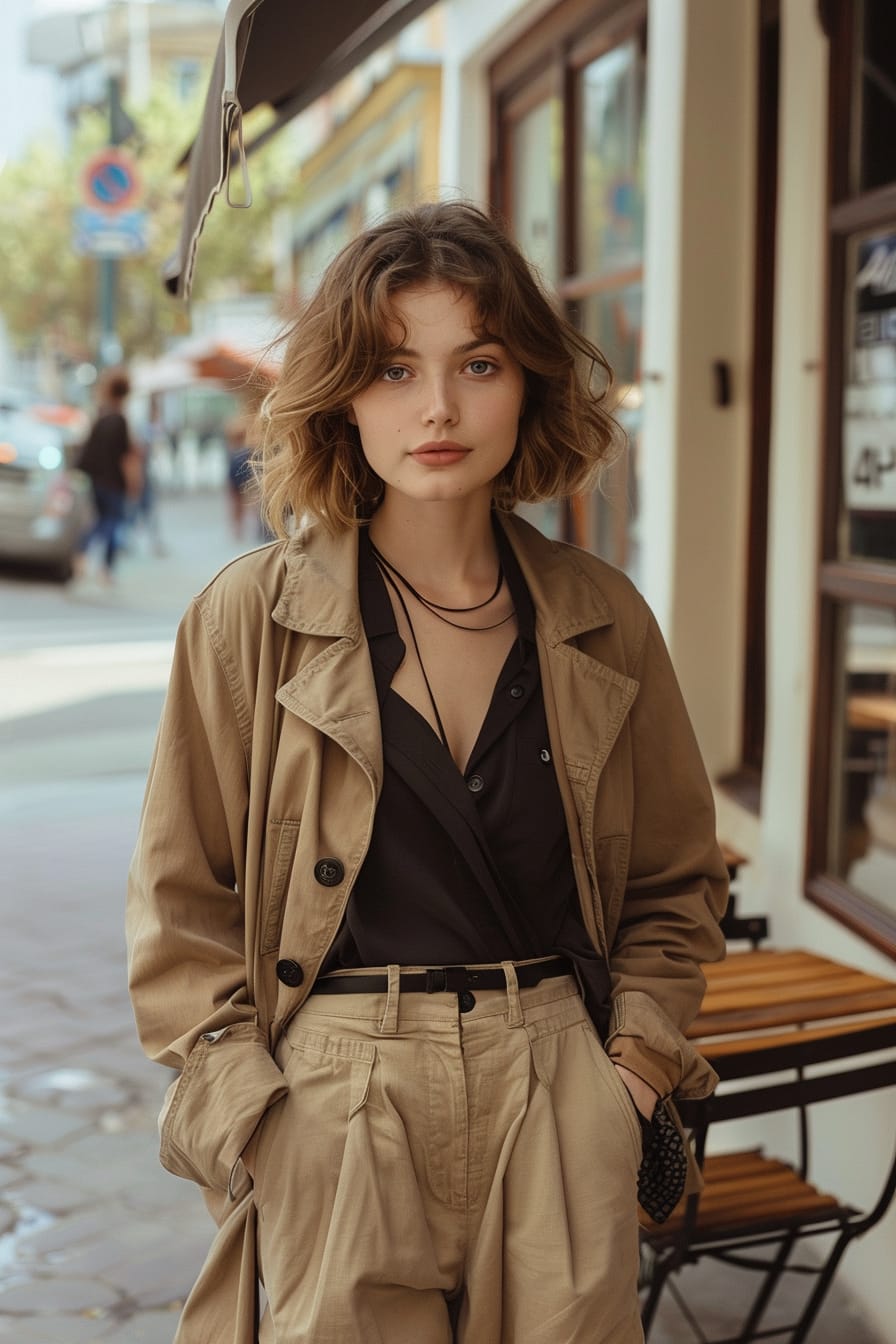  A full-length image of a young woman with short wavy hair, wearing wide-leg cropped khaki pants with black leather ankle booties. Background shows a cozy café terrace, mid-morning.