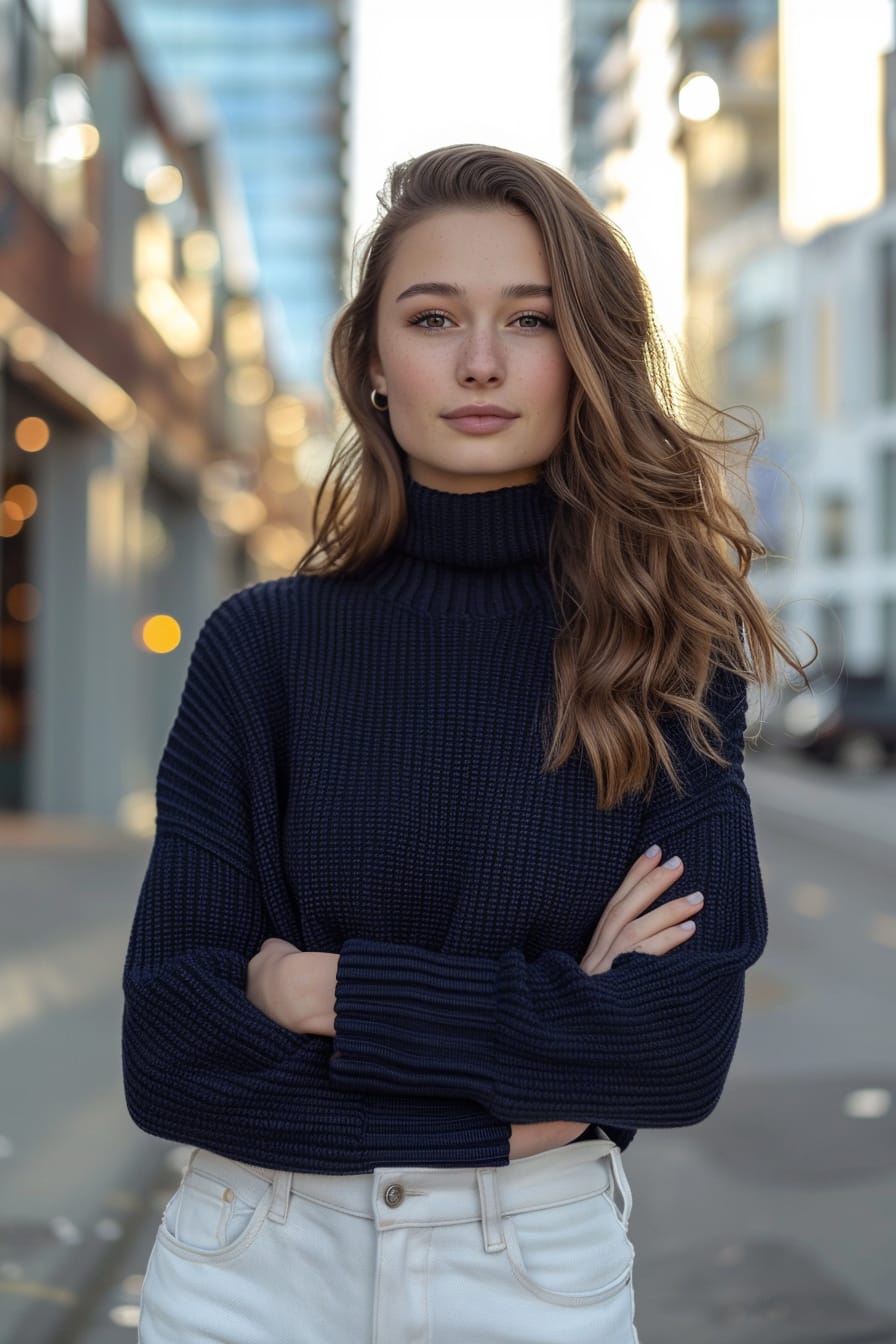  A full-length image of a young woman with wavy brunette hair, wearing high-waisted white jeans, a chunky navy blue sweater, standing on a city street, with a blurred urban background, early evening.