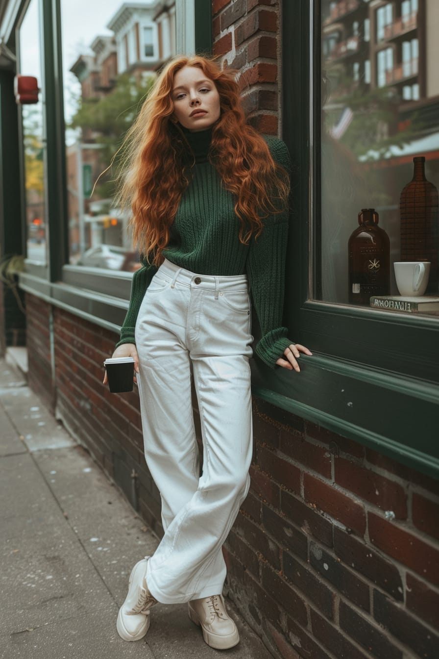  A full-length image of a young woman with long red hair, wearing white flared jeans, a green turtleneck sweater, casually leaning against a brick wall, with a coffee cup in hand, on a sunny city morning.