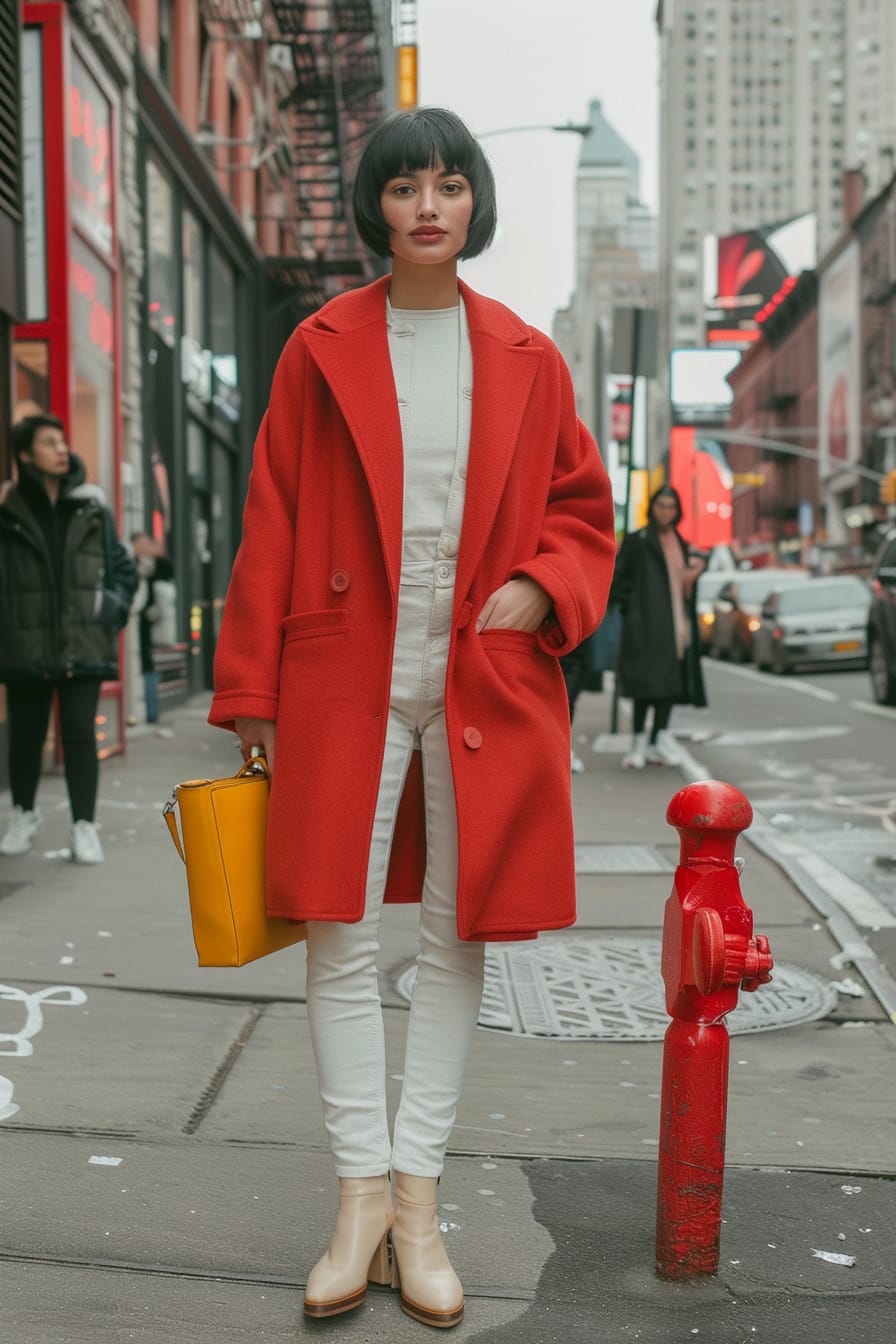  A full-length image of a young woman with short, straight black hair, wearing white skinny jeans, a red wool coat, and ankle boots, holding a mustard yellow clutch, on a bustling city sidewalk, late afternoon.