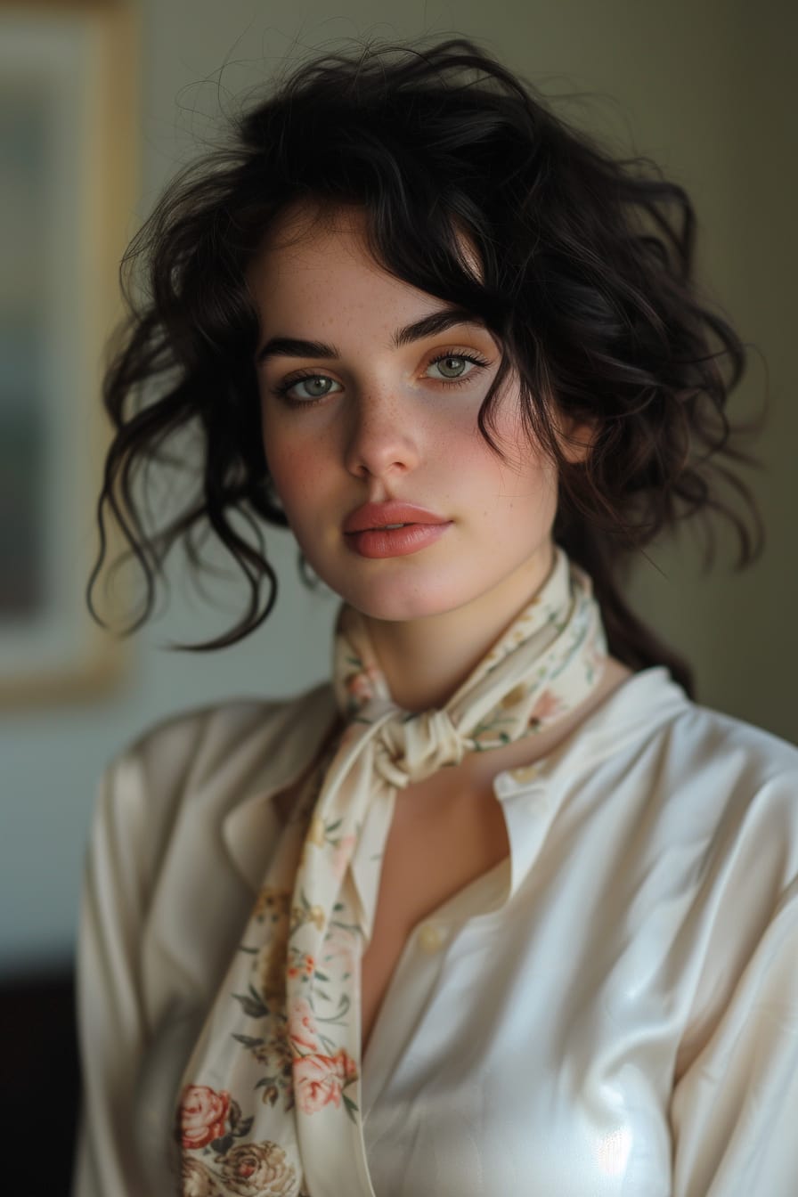  A close-up image of a young woman with dark curly hair, wearing a delicate floral print scarf tied loosely around her neck, with a glimpse of a tailored cream blouse, office background softly blurred, warm indoor lighting.