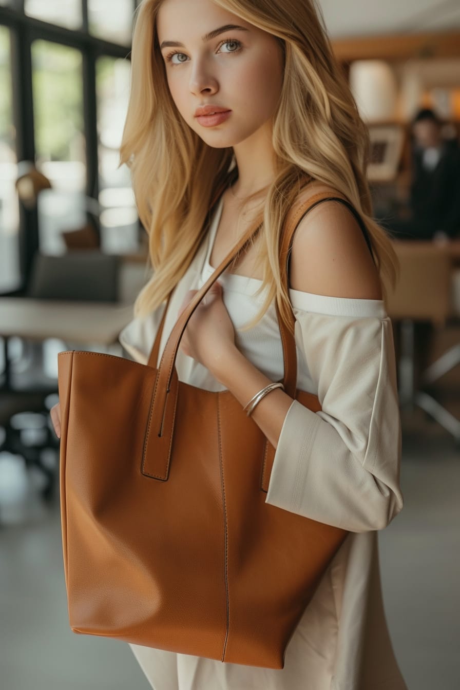 A detailed image of a young woman holding a structured leather tote bag in a rich caramel color, with a simple silver bangle on her wrist, office setting blurred in the background, bright indoor lighting.