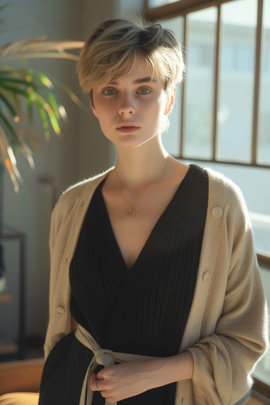 A full-length image of a young woman with short blonde hair, wearing a black, fitted knit dress with a thin belt, holding a light beige cardigan, in a casual office lounge, soft afternoon light.