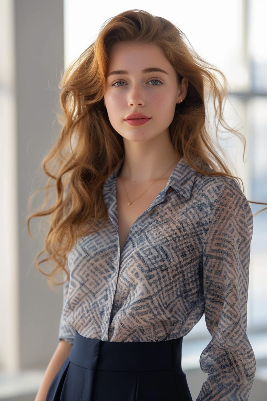  A mid-length image of a young woman with wavy auburn hair, wearing a silk blouse in a subtle geometric pattern, paired with a high-waisted navy pencil skirt, blurred office background, natural light.