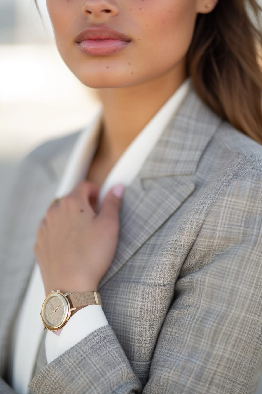 A close-up image of a young woman with a sleek ponytail, showcasing the cuff detail of a tailored light grey blazer with a delicate gold watch, subtle office background, soft focus.