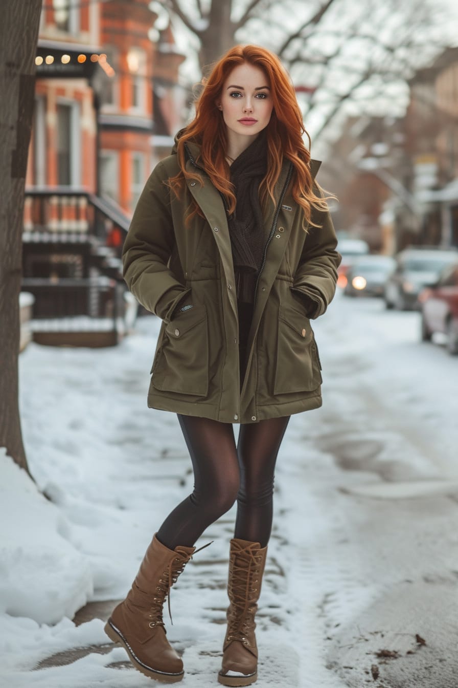 A full-length image of a young woman with red hair, wearing a down parka, leather leggings, and suede ankle boots, urban snowy street background, late afternoon.