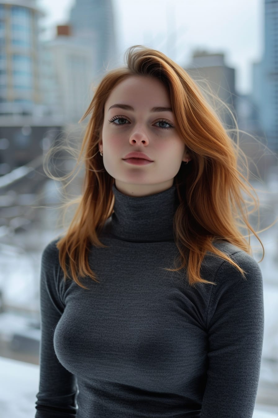 A full-length image of a young woman with auburn hair, wearing a black thermal base layer and a grey fleece-lined turtleneck, urban snowy background, early morning.
