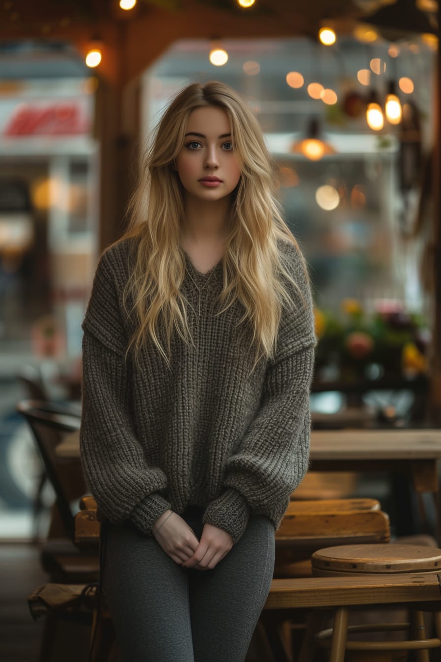 A full-length image of a young woman with blonde hair, wearing a chunky knit sweater and thermal leggings, stylish winter boots, urban setting with café background, evening.