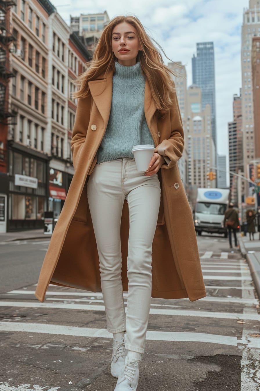 A full-length image of a young woman with straight light brown hair, wearing white jeans, a powder blue crew neck sweater, and a long camel coat. She's walking on a city street with tall buildings in the background, holding a white coffee cup, morning.