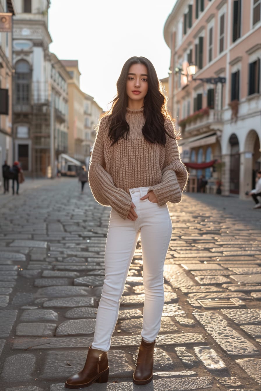  A full-length image of a young woman with medium-length dark hair, wearing white jeans, a chunky knit beige sweater, and dark brown leather boots. She's standing in a city square, with historical buildings in the background, sunset.