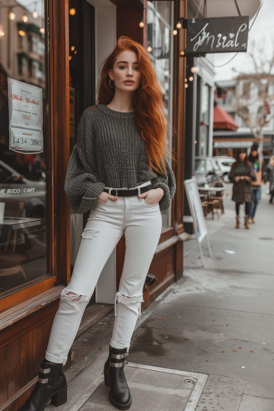 A full-length image of a young woman with long red hair, wearing white jeans, a dark gray oversized sweater, and black ankle boots with a metallic buckle. She's standing in front of a coffee shop, with a city street bustling with people in the background, midday.
