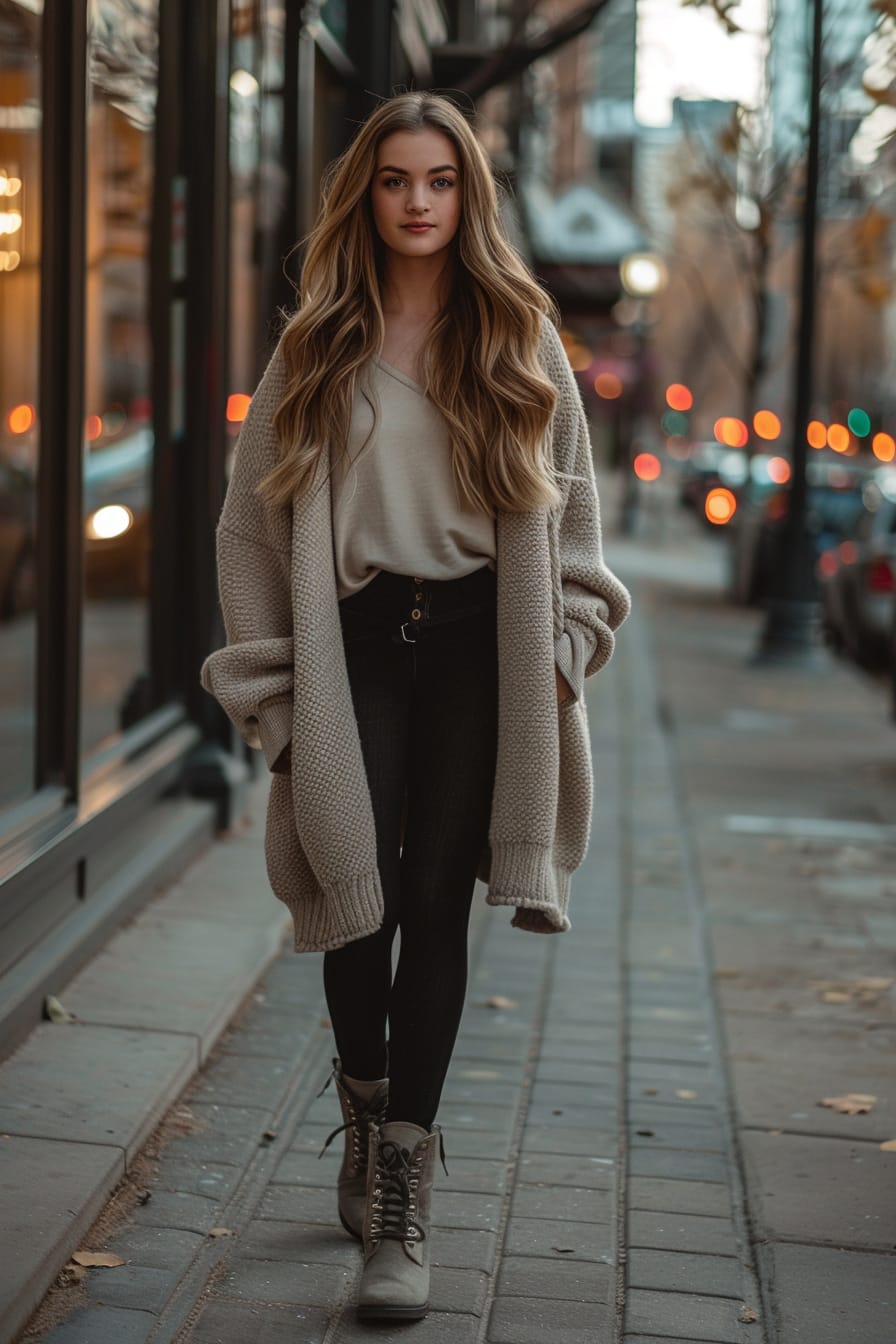 A full-length image of a young woman with long light brown hair, wearing grey ankle boots, black leggings, and an oversized beige cardigan. She's walking on a city sidewalk, dusk.
