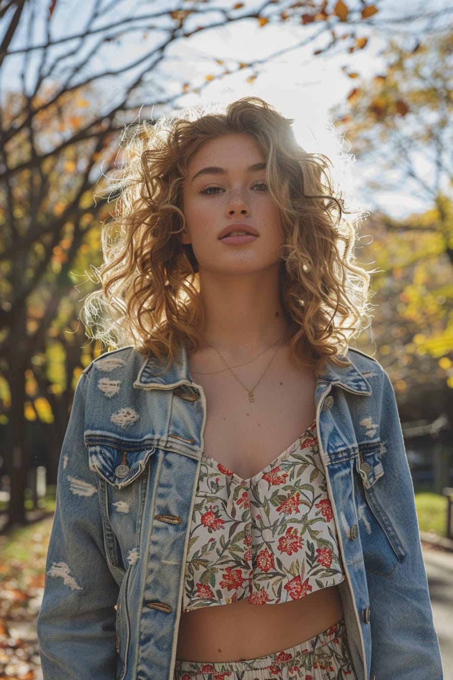 A full-length image of a young woman with curly blonde hair, wearing light brown suede ankle boots, a floral dress, and a denim jacket. She's walking through a city park, sunny afternoon.