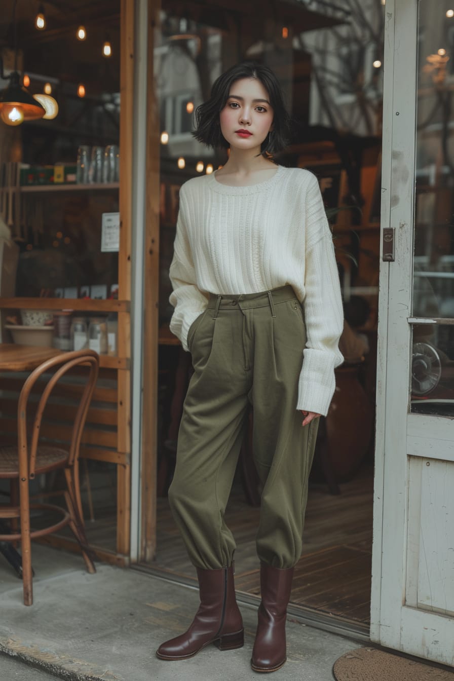 A full-length image of a young woman with short black hair, wearing brown leather ankle boots, olive green trousers, and a cream sweater. Background shows a cozy café exterior, morning.