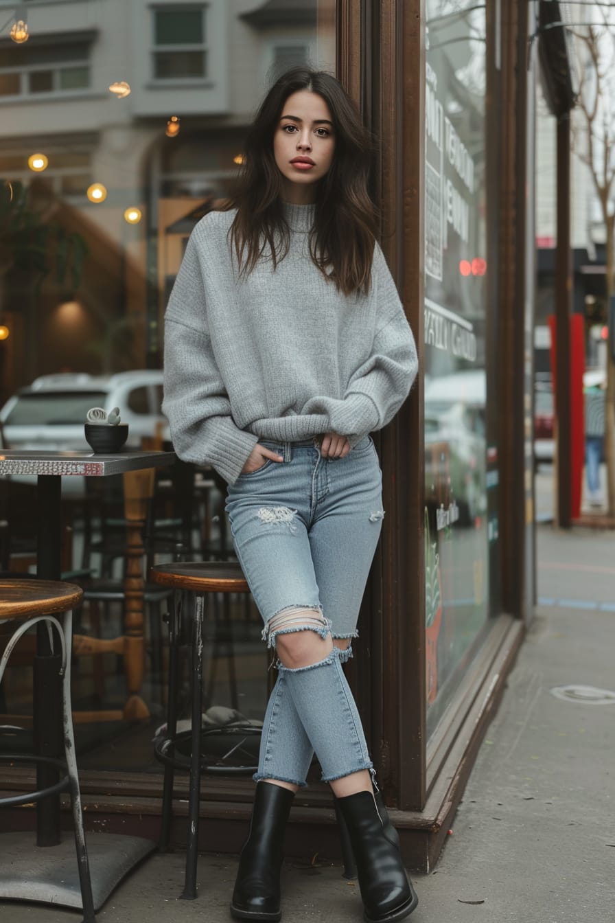 A full-length image of a young woman with straight dark hair, wearing black flat ankle boots, cuffed blue jeans, and a grey oversized sweater. She's standing in front of an urban café, cloudy afternoon.