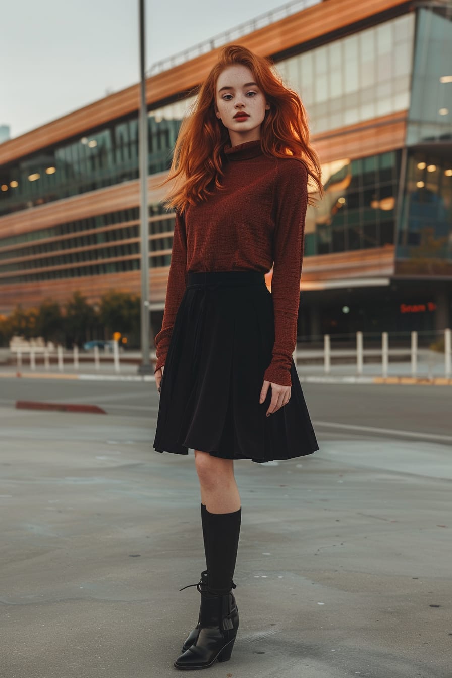 A full-length image of a young woman with red hair, wearing black ankle boots with a slight heel, a black skirt, and a burgundy blouse. Background shows an urban street with modern architecture, early evening.