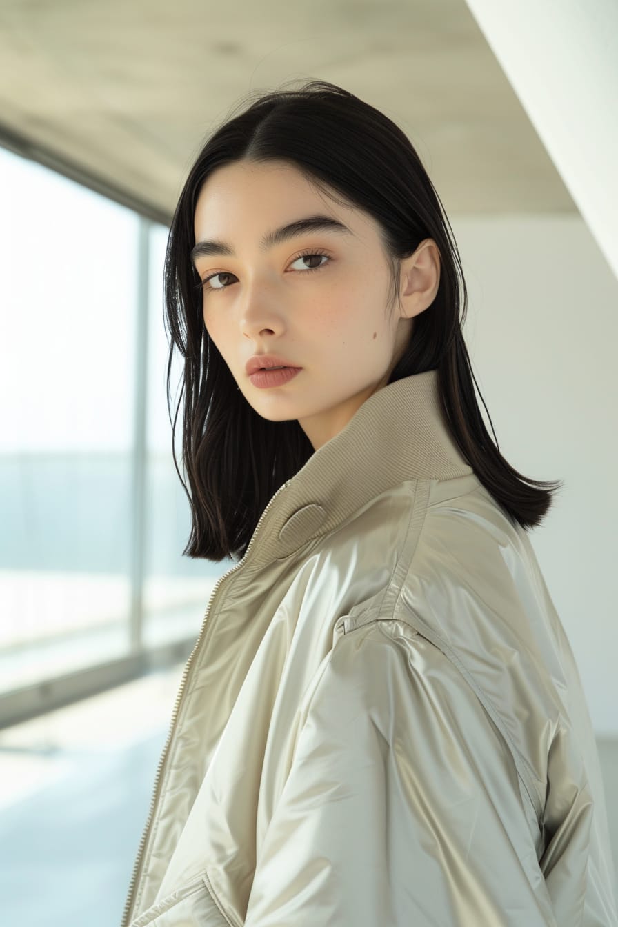A young woman with straight black hair, wearing a bomber jacket made of recycled materials in a sleek silver color, standing in a minimalist, modern room, natural light streaming through large windows.
