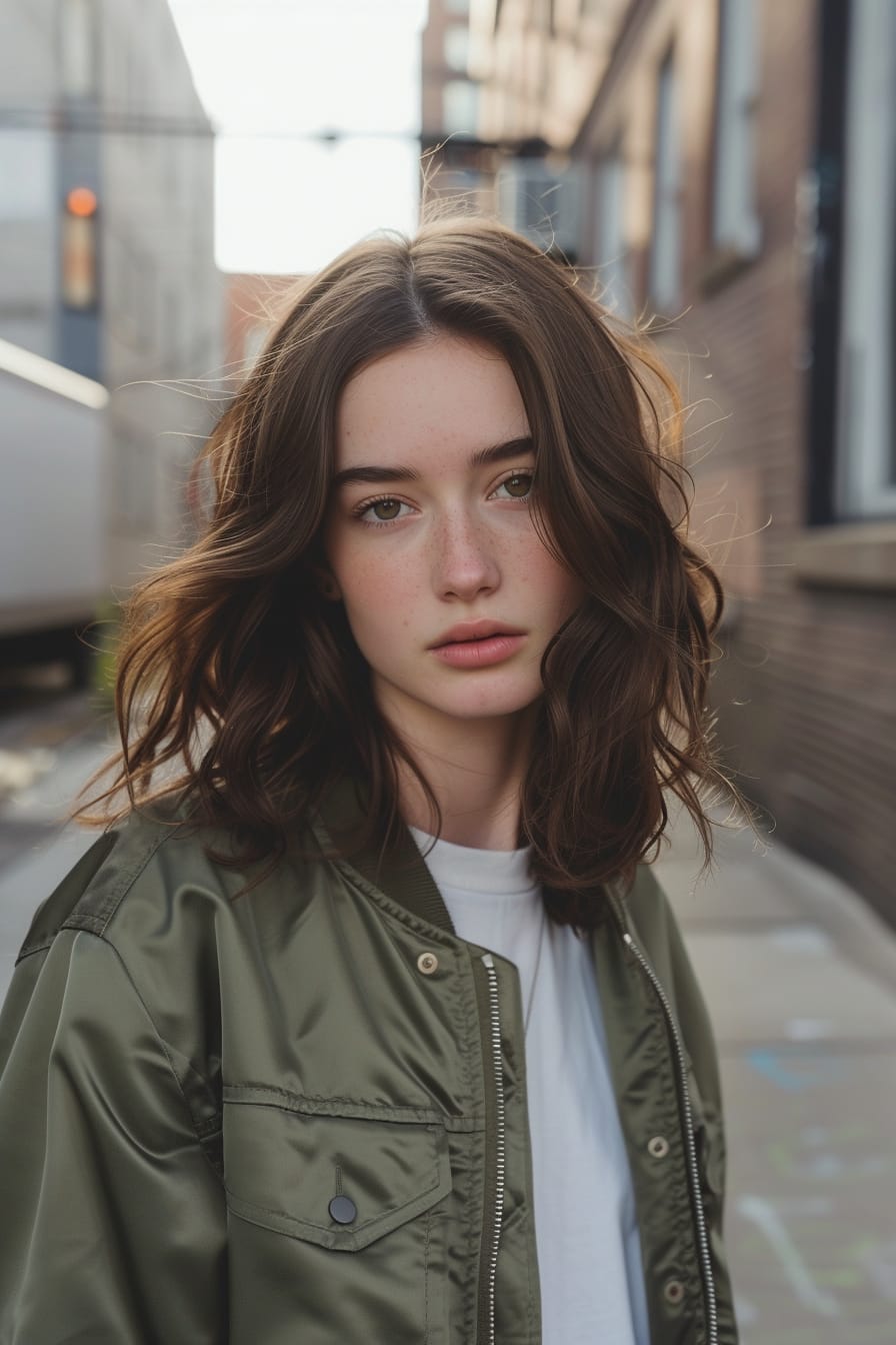  A young woman with wavy brunette hair, wearing a classic olive green bomber jacket over a white tee, standing in an urban alley, early evening light.